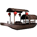Classic Traditional Chinese Wooden Boat with Roofed Structure and Red Decorative Lanterns