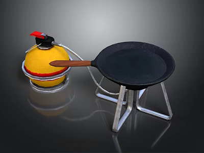 Cooking Equipment Set Including Yellow Container Red Lid And Black Frying Pan On Metal Stand 3d model