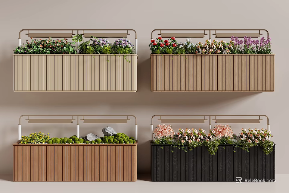 Hanging Wooden Planters With Metal Railings Colorful Flowers Green Foliage And Stones 3d model 