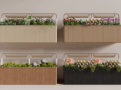 Hanging Wooden Planters With Metal Railings Colorful Flowers Green Foliage And Stones 3d model