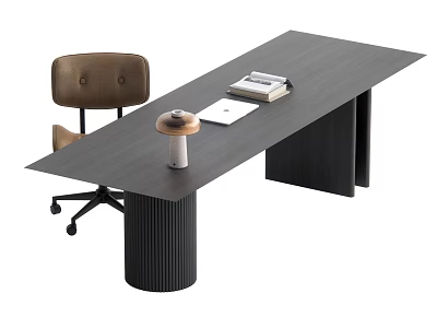 Modern Office Desk With Ribbed Column Base Brown Chair Stacked Books And Lamp 3d model