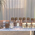 Assorted Food Jars With Nuts And Marshmallows On Table Curtain Background And Potted Plant