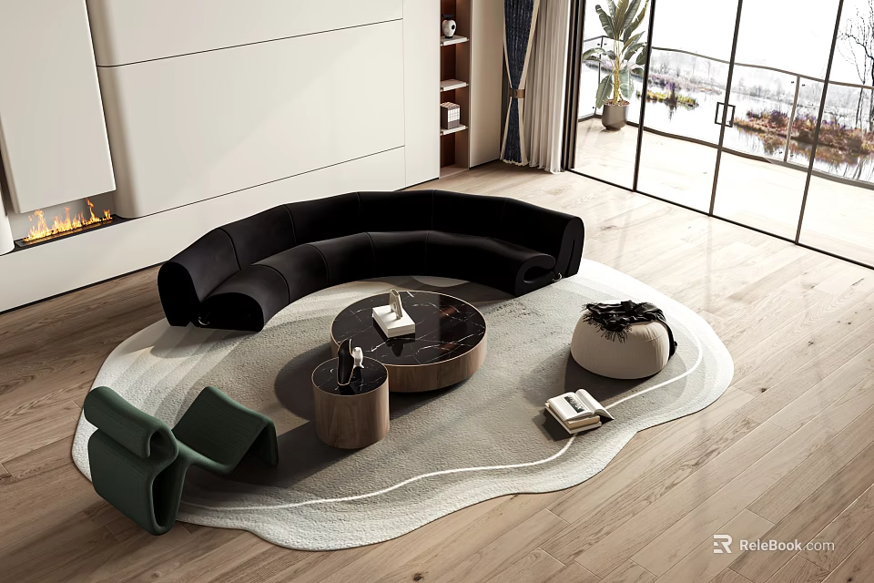 Modern Living Room Black Curved Sofa Coffee Table Combination With Green Armchair And Round Rug 3d model 