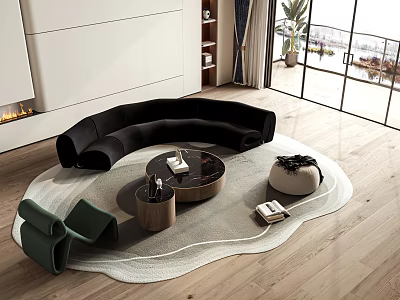 Modern Living Room Black Curved Sofa Coffee Table Combination With Green Armchair And Round Rug 3d model