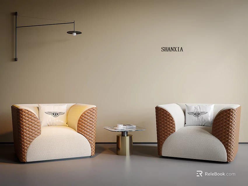 Elegant Armchairs with Woven Details Beige White Upholstery and Small Coffee Table in Modern Room 3d model 