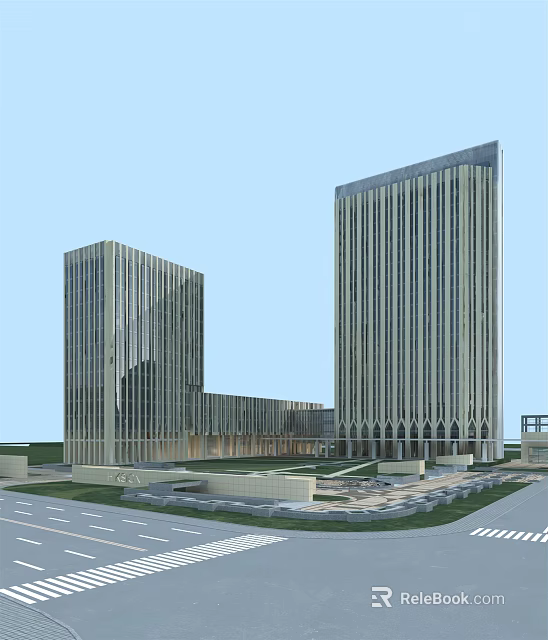 Modern High Rise Office Building Exterior With Glass Curtain Walls And Green Spaces 3d model 