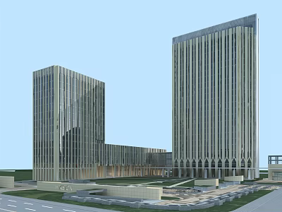Modern High Rise Office Building Exterior With Glass Curtain Walls And Green Spaces 3d model