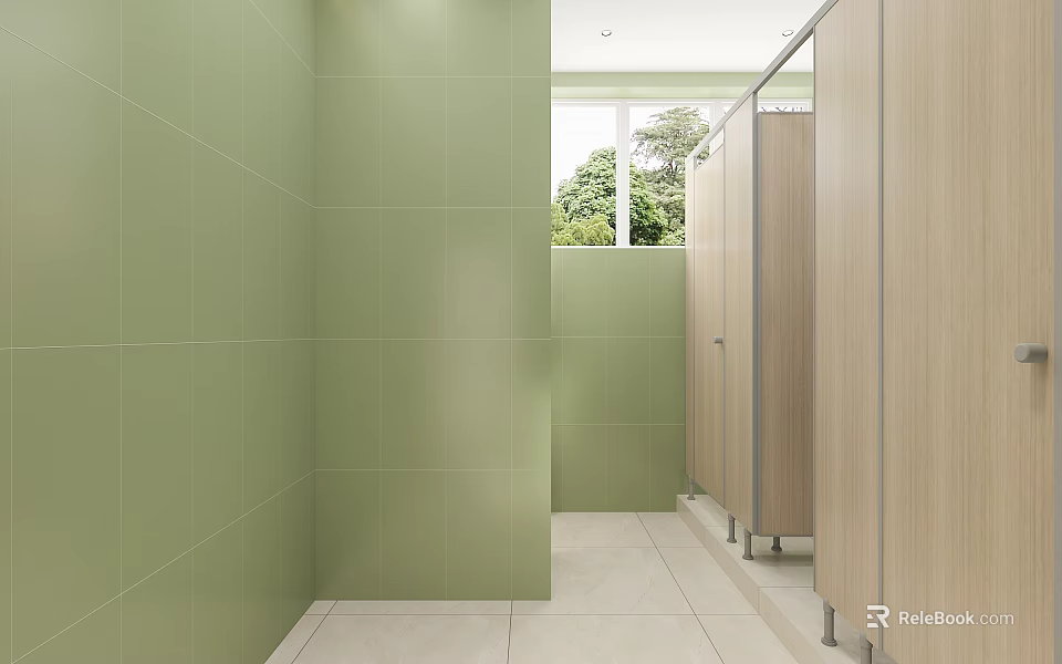 Modern Public Restroom With Light Green Tiles Wooden Partitions And Window 3d model 