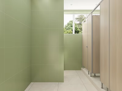Modern Public Restroom With Light Green Tiles Wooden Partitions And Window 3d model