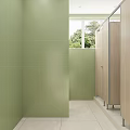 Modern Public Restroom With Light Green Tiles Wooden Partitions And Window