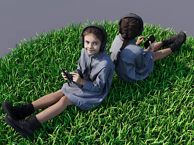 Two Girls in Gray Dresses Sitting Back to Back on Green Grass Holding Black Objects 3d model