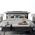 Elegant Chinese Style Double Bed With Decorative Pillows Nightstands And Bench 3d model