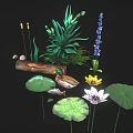 Cartoon Aquatic Scene with Green Plants Log Duck Fish Lily Pads Water Lily And Stones