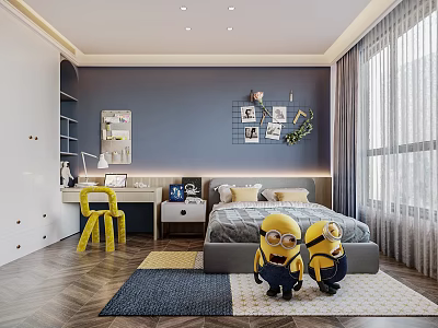 Playful Modern Kids Room Interior With Bed Desk Yellow Chair Wall Art And Minion Toys 3d model