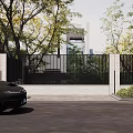 Modern Building Exterior Wall With Black Metal Grille Green Plants And Tree Surroundings