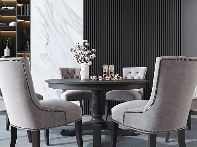 Modern Dining Table Set With Gray Stitched Upholstered Chairs Floral Vase And Marble Wall Background 3d model