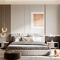 Modern Elegant Bedroom Interior With Circular Ring Pendant Lights Striped Accent Wall And White Cabinets