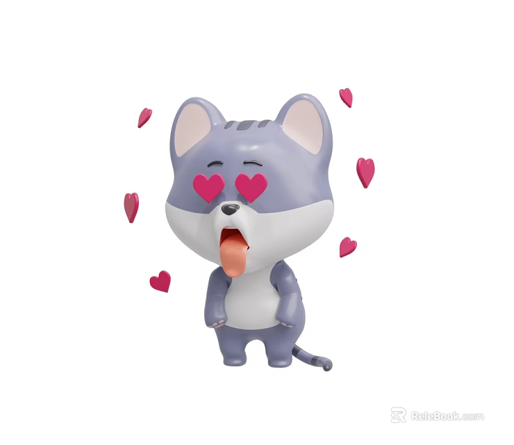 Cute Cartoon Cat With Heart Shaped Eyes Sticking Out Tongue Surrounded By Red Hearts 3d model 