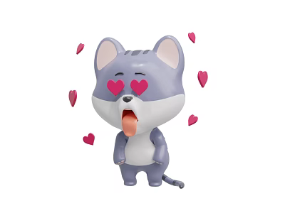 Cute Cartoon Cat With Heart Shaped Eyes Sticking Out Tongue Surrounded By Red Hearts 3d model