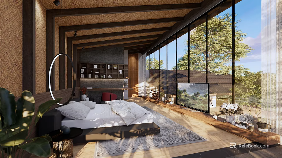 Hotel Guest Room With Wooden Beams Large Glass Windows White Bed And Tree View 3d model 