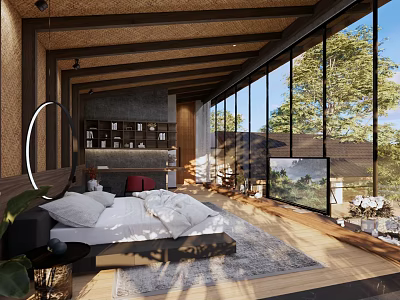 Hotel Guest Room With Wooden Beams Large Glass Windows White Bed And Tree View 3d model