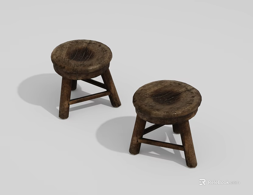 Two Traditional Wooden Stools With Round Seat And Cross Legs Design 3d model 