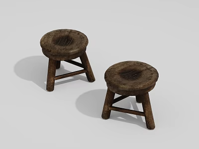 Two Traditional Wooden Stools With Round Seat And Cross Legs Design 3d model