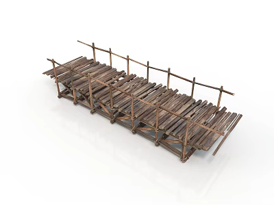 Rustic Wooden Bridge Structure With Plank Deck Railings And Support Beams 3d model