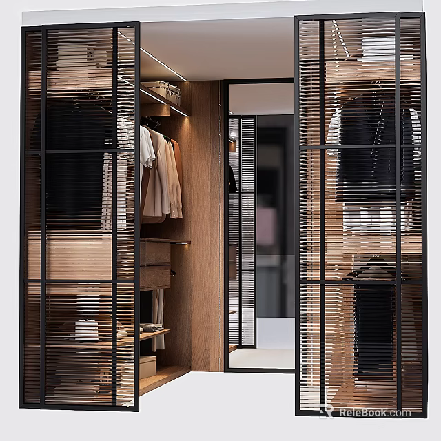 Modern Open Design Wooden Wardrobe with Metal Frame Hanging Clothes and Storage Shelves 3d model 