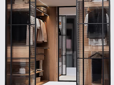 Modern Open Design Wooden Wardrobe with Metal Frame Hanging Clothes and Storage Shelves 3d model