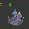Child Standing on Blue Platform With Purple Arch Green Plants and Floating Purple Toy