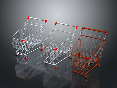 Three Silver and Orange Metal Household Shopping Carts with Wheels and Handles 3d model
