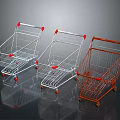 Three Silver and Orange Metal Household Shopping Carts with Wheels and Handles