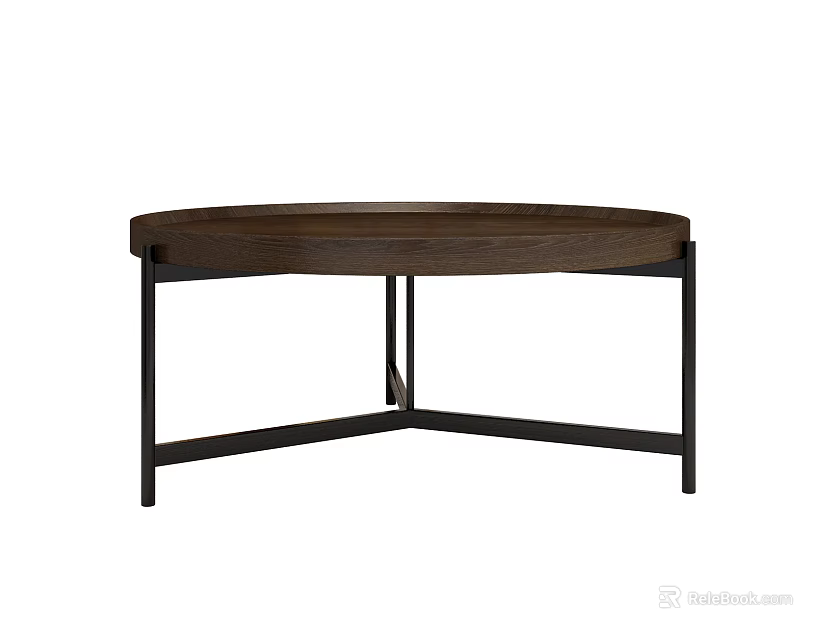 Round Wooden Coffee Table With Black Metal Frame And Minimalist Design 3d model 