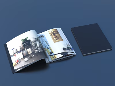 Open Magazine Featuring Interior Design Images With Black Book Beside 3d model