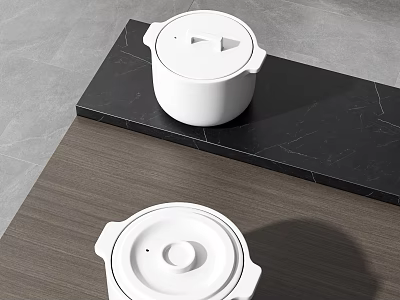 Elegant White Kitchenware Displayed on Black Marble and Wooden Surfaces 3d model