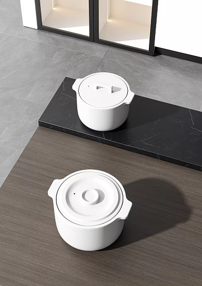 Elegant White Kitchenware Displayed on Black Marble and Wooden Surfaces 3d model