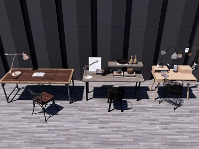 Three Modern Desks With Wooden Tops Metal Frames Lamps And Chairs 3d model