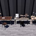 Three Modern Desks With Wooden Tops Metal Frames Lamps And Chairs