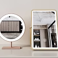 Modern Bathroom Vanity With Round Lighted Mirror And Square Gold Framed Mirror