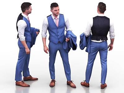 Man In Blue Suit Vest White Shirt Pink Tie Holding Blazer From Different Angles 3d model