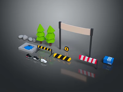 Outdoor Setup Featuring Green Trees Stones Pool Shoes And Traffic Barriers 3d model