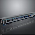 Blue and White Train Carriage with Multiple Windows Shiny Surface Reflection on Dark Background