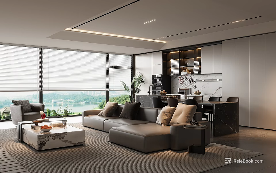 Modern Living And Dining Area Interior Design With Sofa Dining Table And Natural Light 3d model