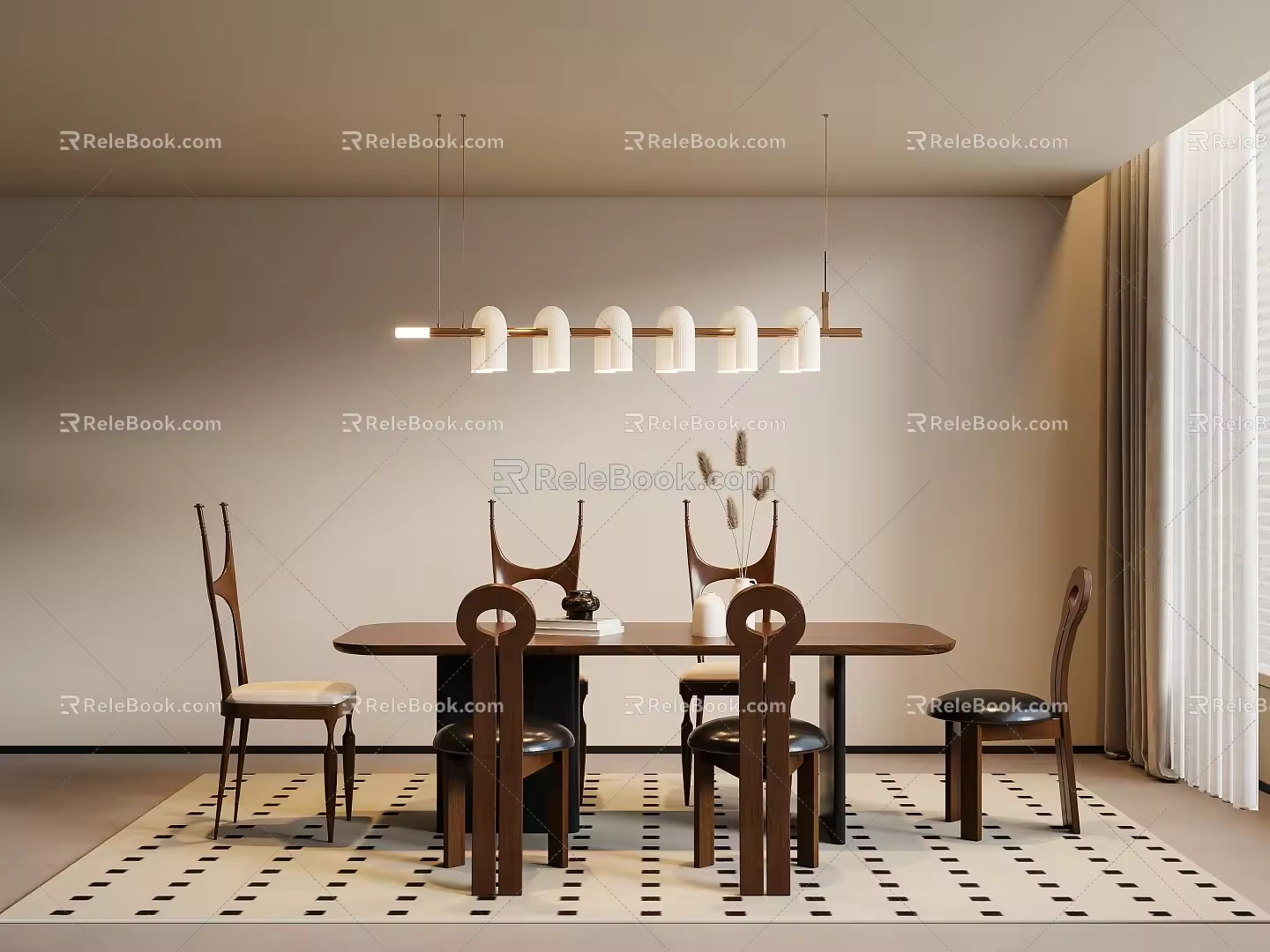 Quiet Ancient Style Dining Table and Chair Chandelier Ornaments 3d model
