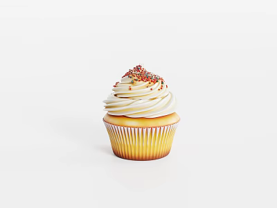 Delicious Cupcake With White Swirl Frosting And Colorful Sprinkles In Yellow Liner 3d model