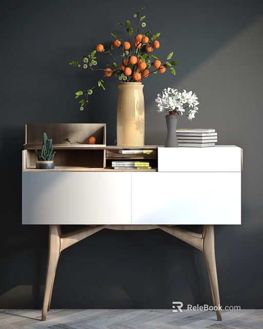 Modern Console Table with Storage Shelves White Wood Top Vase Flowers Books and Potted Plant 3d model 