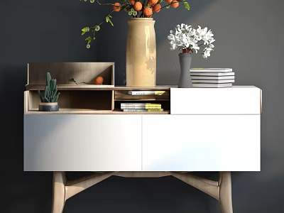 Modern Console Table with Storage Shelves White Wood Top Vase Flowers Books and Potted Plant 3d model