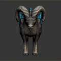 Mythical Fantasy Creature With Large Curved Horns And Blue Crystal Spikes