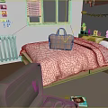 Cartoon Bedroom Scene With Pink Bed Green Suitcase Books And Window